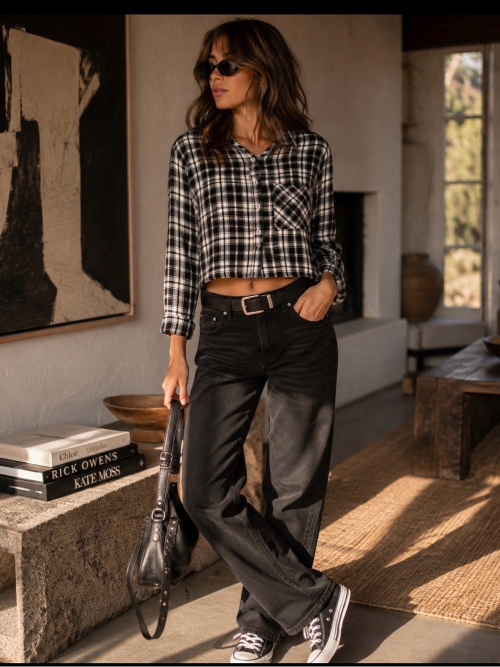 Piazza Italia Plaid Cropped Shirt S Black White Flannel Feel Grunge 90s